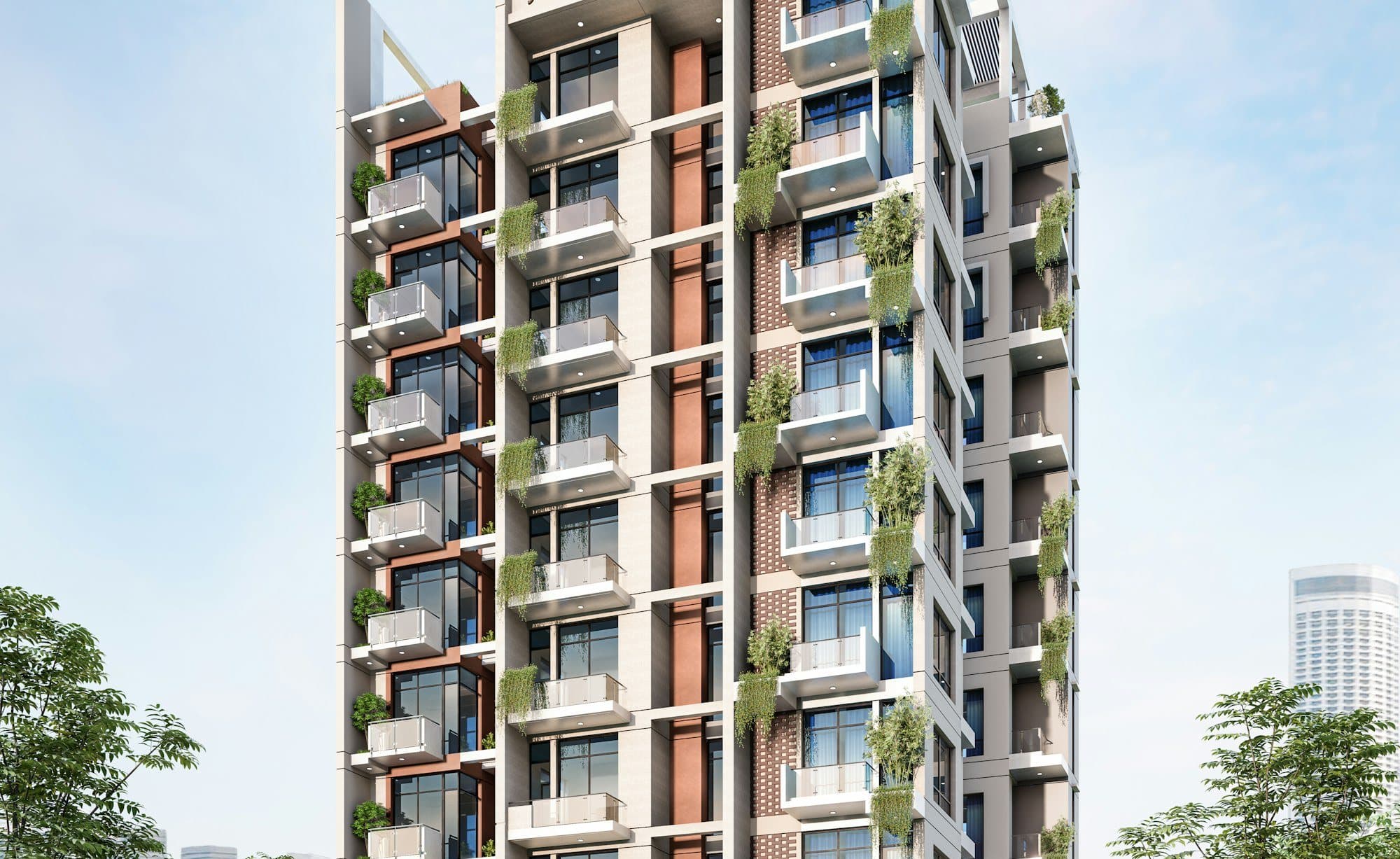 A Sekibat residential tower, planted balconies against a clear sky
